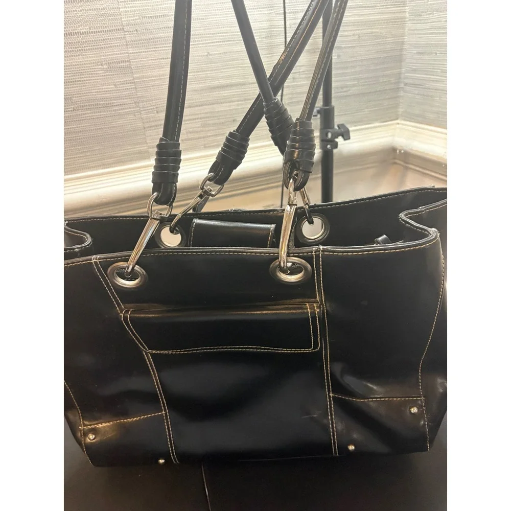Wilsons Leather Black Tote Bag White Contrast Stitch Shoulder Bag Silver Hardwar